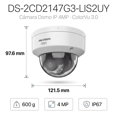 Domo IP / 4 Megapixel / Lente 2.8 mm / 30 m IR + Luz Blanca / IP67 NEMA 4X / WDR 130 dB / ColorVu 3.0 / AcuSense 3.0 / 98 pies Alcance