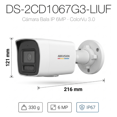 Cámara Bala IP / 6 Megapixel / ColorVu 3.0 / Dual Light 30 m (98.4 ft) / WDR 120 dB / IP67 / PoE