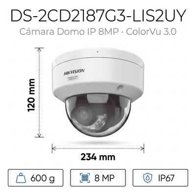 Domo IP / 8 Megapixel / Lente 2.8 mm / 98 pies IR + Luz Blanca / 2 Micrófonos / IP67 NEMA 4X / WDR 130 dB / AcuSense 3.0 / AcuSeek