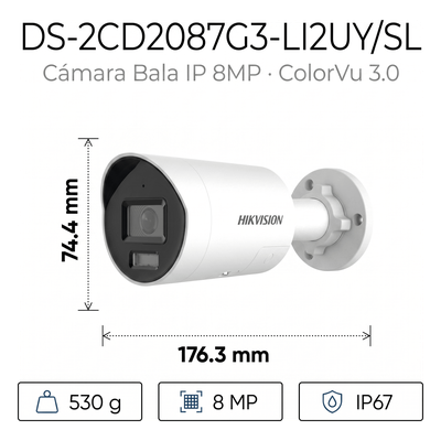 Bala IP / 8 Megapixel / Lente 2.8 mm / 40 m IR + Luz Blanca / 131 ft / Audio 2 Vías / IP67 NEMA 4X / WDR 130 dB / ColorVu 3.0 / AcuSense 3.0