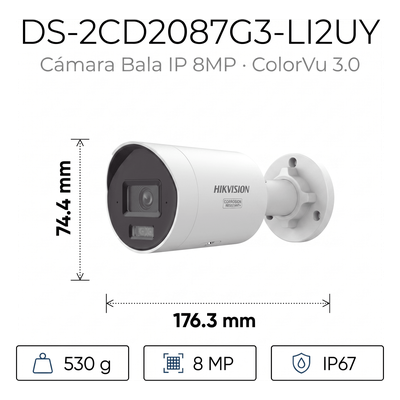 Bala IP / 8 Megapixel / Lente 2.8 mm / 40 m IR + Luz Blanca / 131 pies / IP67 NEMA 4X / WDR 130 dB / Dual Micrófono / AcuSense 3.0