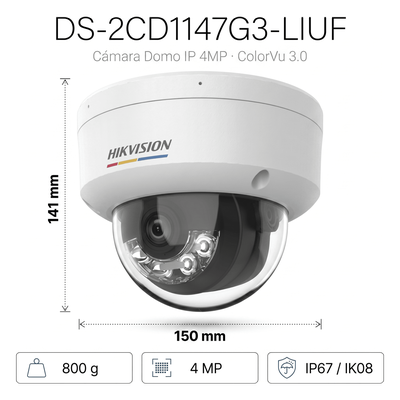 Cámara Domo IP / 4 Megapixel / Color 24/7 / Dual Light 30 m (98.4 ft) / Lente 2.8 mm / WDR 120 dB / IP67 IK08 / PoE
