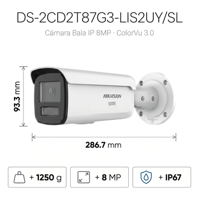 Bala IP / 8 Megapixel / Lente 4 mm / 60 mts IR + Luz Blanca / IP67 NEMA 4X / WDR 130 dB / ACUSENSE 3.0 / ACUSEEK / Audio 2 Vías / 196.85 pies Iluminación