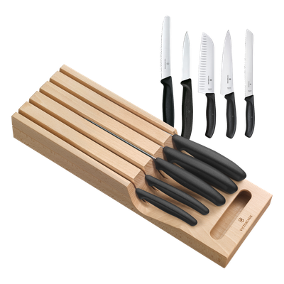 Portacuchillos de Cajón / Madera de Haya Suiza / 5 Cuchillos / Polipropileno Negro / 435 x 148 x 65 mm