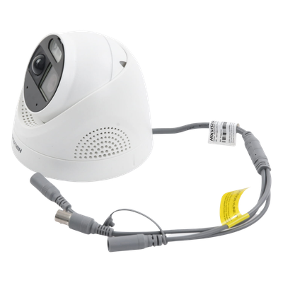 Cámara Turret TURBOHD / 2 Megapixel 1080p / Imagen a Color 24/7 / Luz Blanca 20 m (65.6 ft) / Sensor PIR 110° / Sirena 93.5 dB / Estrobo Rojo-Azul / IP67 / WDR 130 dB / Micrófono Integrado