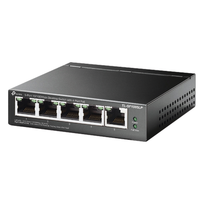 Switch PoE No Administrable / 5 Puertos 10/100 Mbps / 4 Puertos PoE 802.3af / Presupuesto 41 W / Extensión PoE 250 m (820 ft) / Sin Ventilador