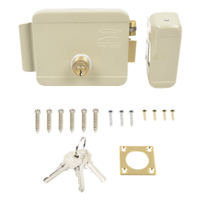 Cerradura Eléctrica / Doble Cerrojo / 12 VCC/VCA / Activación por Pulso 2 s / Exterior Derecha / 129 x 103 x 38 mm