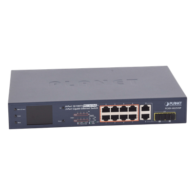 Switch PoE+ / 8 Puertos 10/100Mbps / 2 Puertos Gigabit Combo TP/SFP / Alcance 250m (820 pies) / Pantalla LCD / 120W