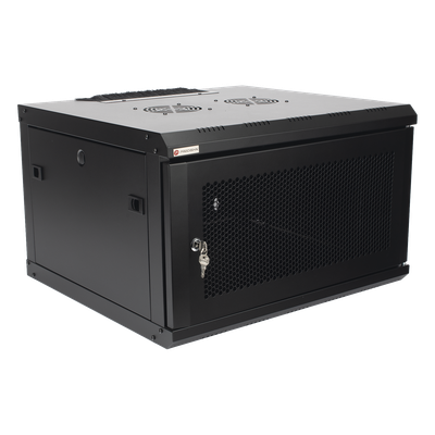 Gabinete de Pared 19 in / 6U / Profundidad 455 mm / Carga 60 kg / Puerta Perforada / 2 Ventiladores / Panel Cepillo