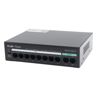Switch PoE+ No Administrable / 8 Puertos PoE+ 10/100 / 2 Uplinks Gigabit / 110 W / Sin Ventilador / Protección 4 kV