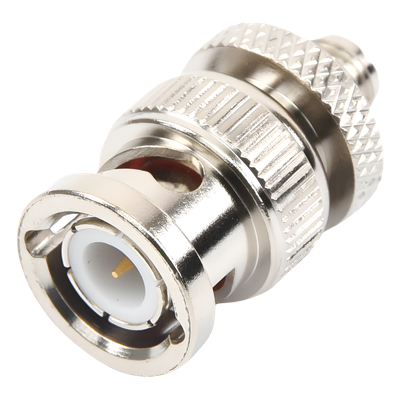 Adaptador Coaxial en Línea / SMA Hembra a BNC Macho / Cuerpo Bronce Niquelado / Contacto Oro / Aislante Teflón