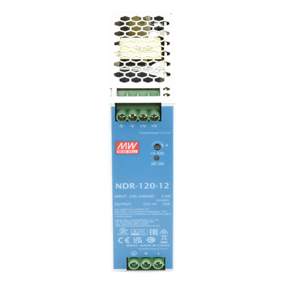 Fuente de poder industrial / 120 W / 12 Vcc / 10 A / Entrada 90~264 VCA / Riel DIN / 1.57 x 4.93 x 4.47 in