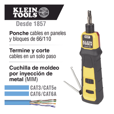 Ponchadora de Impacto / Termina y Corta CAT3/CAT5e/CAT6/6A / Paneles y Bloques 66/110 / Mango Acojinado / Fuerza Ajustable Alta/Baja / 6'' (15,2 cm)