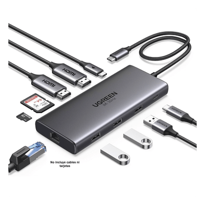 Docking Station USB-C 10 en 1 / Dual HDMI 4K 60Hz y 8K 30Hz / Carga PD 100W / Ethernet Gigabit / USB 3.0 / Lector SD-TF