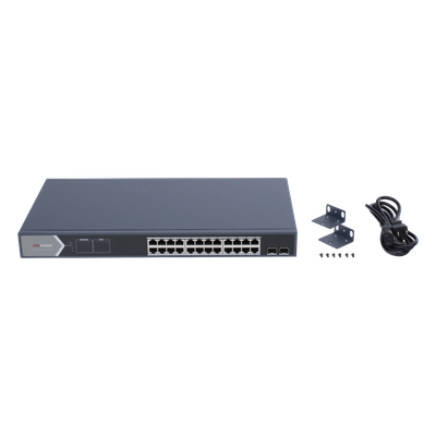 Switch PoE+ Administrable / 24 Puertos Gigabit / 2 Puertos SFP / PoE Extendido 250 m (820.2 ft) / 370 W / 56 Gbps