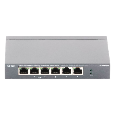Switch PoE no administrable / 6 puertos 10/100 Mbps / 4 puertos PoE 802.3af/at / Presupuesto 67 W / Extensor hasta 250 m (820 ft) / Prioridad video
