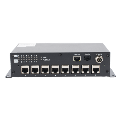 Switch PoE Móvil / 8 Puertos PoE 100 Mbps / 1 Puerto Uplink 1 Gbps / 90 W Total / 9-36 V DC / -20°C a +60°C