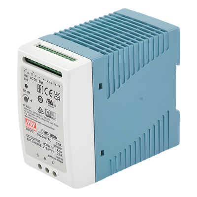 Fuente de Poder Riel DIN / 100W / Salida Dual 13.8V CC / Cargador de Batería Integrado / 87% Eficiencia / Convección Natural