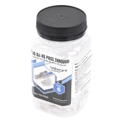 Plugs Pass Through / RJ45 Cat6 / Sin Blindaje / Alivio de Tensión / Chapado Oro 30 Micras / 50 Piezas
