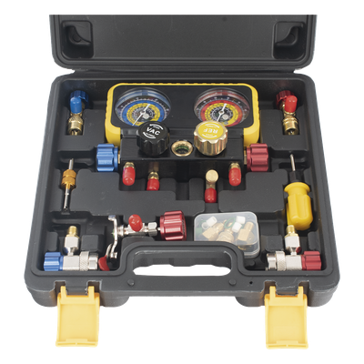 Manómetro de 4 Vías / Compatible con R410A, R32, R134A, R22 / 4 Mangueras 1.5 m / Cuerpo Cobre y ABS / Estuche Incluido