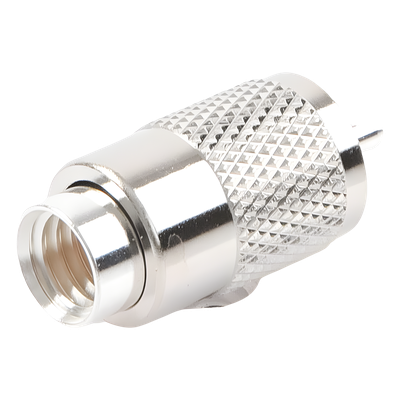 Conector Coaxial UHF Macho / PL-259 / Ensamble Roscado-Soldable / Para Cables RG-8/U, RG-213, RG-214, LMR-400, Belden 9913 / Cuerpo Bronce Plateado / Concha Níquelada