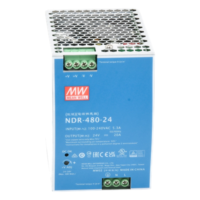 Fuente de Poder Industrial / 480W / Salida 24Vcc 20A / Entrada 100-240Vca / Eficiencia 92.5% / Riel DIN