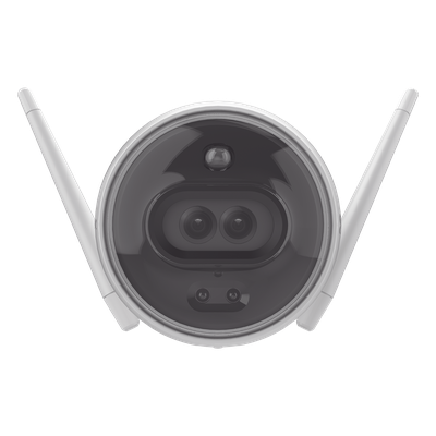 Cámara Bala IP / 2 Megapixel / Doble Lente 2.8 mm / 105° / Visión Nocturna a Color / IR 30 m (98.4 ft) / Wi-Fi 2.4 GHz / IP67 / Audio Bidireccional / Sirena y Luz Estroboscópica