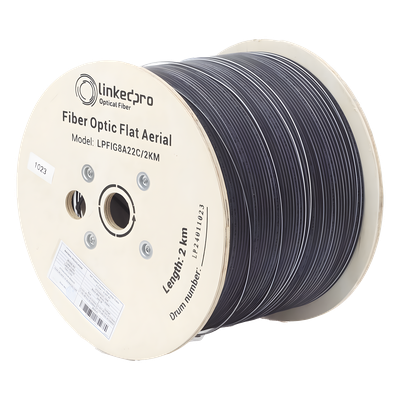Cable Drop Aéreo / Fibra Óptica G.657A2 / Bifibra Plana / 2 km / 6561.68 pies / LS0H / 600N / -20°C a +60°C