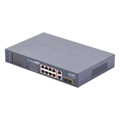 Switch PoE No Administrable / 8 Puertos Gigabit RJ45 / 2 Uplink Gigabit / 2 SFP / PoE 802.3af/at 32W / Presupuesto 120W / Extender 250 m (820 ft) / Pantalla LCD