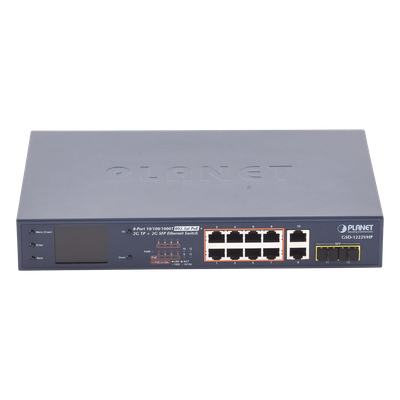 Switch PoE No Administrable / 8 Puertos Gigabit RJ45 / 2 Uplink Gigabit / 2 SFP / PoE 802.3af/at 32W / Presupuesto 120W / Extender 250 m (820 ft) / Pantalla LCD