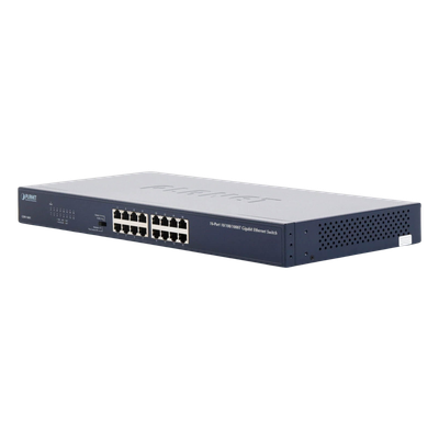 Switch / 16 Puertos Gigabit / 32 Gbps Switch Fabric / Modo Extendido 200 m (656 ft) / 1U Rack / 9,4 W