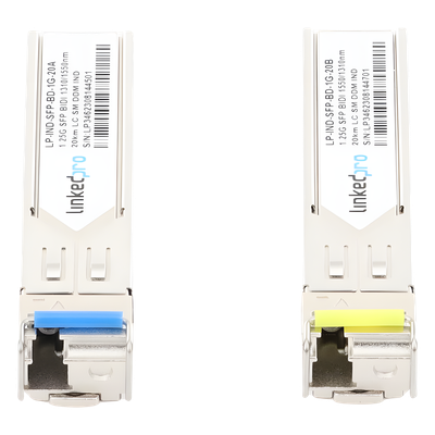 Transceptor Óptico Industrial SFP / Bidireccional Monomodo / 1.25 Gbps / 1310/1550 nm / LC/UPC Simplex / 20 km / Hot-Pluggable / DDM / 2 Piezas
