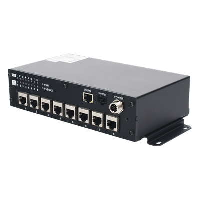 Switch PoE Móvil / 8 Puertos PoE 100 Mbps / 1 Puerto Uplink 1 Gbps / 90 W Total / 9-36 V DC / -20°C a +60°C