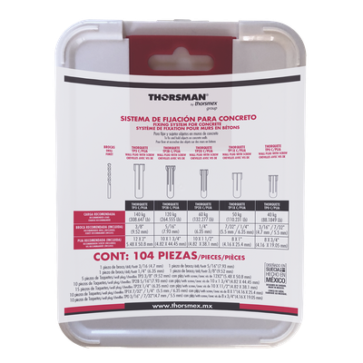 Kit de Fijación en Concreto / Doble Expansión 4 Direcciones / 104 Piezas / Guía Incluida / Anti-Giro