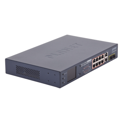 Switch PoE+ / 8 Puertos 10/100Mbps / 2 Puertos Gigabit Combo TP/SFP / Alcance 250m (820 pies) / Pantalla LCD / 120W