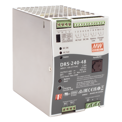 Fuente de Poder Industrial / 240W / Salida 48Vcc / 5A / Cargador de Baterías / Riel DIN / Entrada Universal 90-305Vca