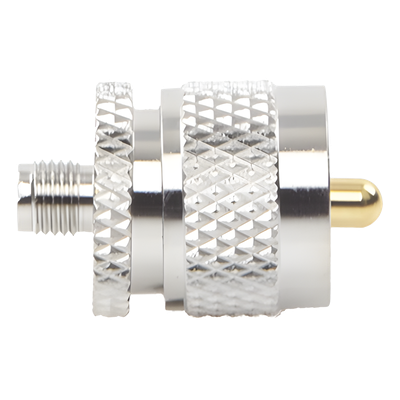 Adaptador RF en Línea / SMA Hembra a UHF Macho (PL-259) / Cuerpo Bronce Niquelado / Contacto Oro / Aislante Teflón