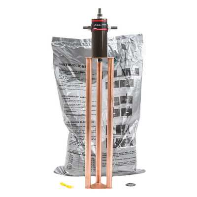 Electrodo de Puesta a Tierra / 45 Amp / Filtro LCR / Resistencia < 2 Ohm / Cobre Electrolítico / Compuesto H2Ohm / 20 Años Sin Mantenimiento