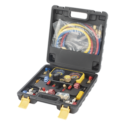 Manómetro de 4 Vías / Compatible con R410A, R32, R134A, R22 / 4 Mangueras 1.5 m / Cuerpo Cobre y ABS / Estuche Incluido