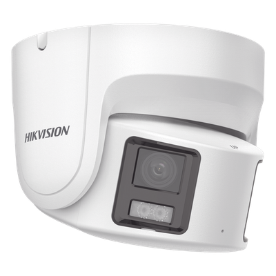 Cámara Turret IP Panorámica / 8 Megapixel / Dual Lente 4 mm 180° / Color 24/7 / WDR 130 dB / Luz Blanca 30 m (98.4 ft) / IP67 / PoE / Audio Bidireccional / AcuSense