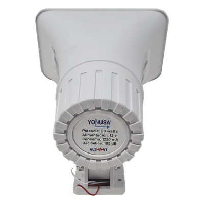 Sirena de Alertamiento Sísmico / Emisión Oficial 150 s / Alcance 25 m (82 ft) / Potencia 30 W / Compatible Módulos YASWIFI y YASMOD / Alimentación 12-14 VDC