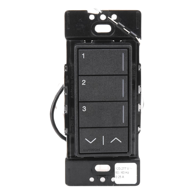 Teclado de Escenas de Pared / 3 Botones Programables / Subir y Bajar / RF 2.4 GHz / Alcance 22.8 m (74.8 ft) / 120-277 V~ / Acabado Satinado Medianoche