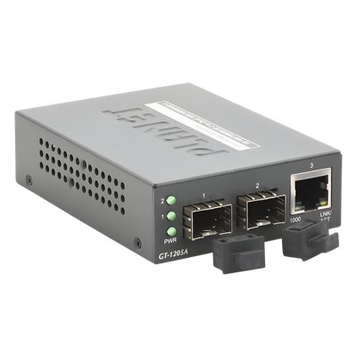 Convertidor de Medios / Puerto 10/100/1000Base-T / Doble Ranura SFP / Hasta 120 km / 2.8 W