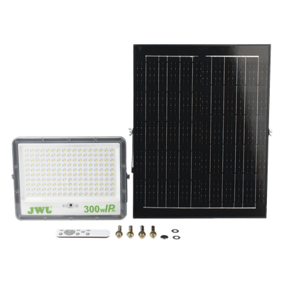 Reflector LED Solar / 300 W / Luz Blanca 6500 K / Ángulo 120° / IP65 / Control Remoto / Panel Solar Incluido