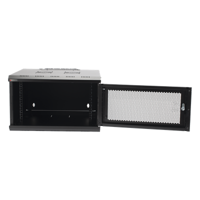 Gabinete de Pared 19 in / 6U / Profundidad 455 mm / Carga 60 kg / Puerta Perforada / 2 Ventiladores / Panel Cepillo