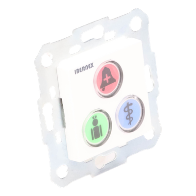 Módulo de Botones para Llamada Paciente-Enfermera / 3 Teclas Iluminadas / Lector RFID 125 KHz / BUS RS485 / Instalación Empotrada 2x2 pulgadas o Superficie