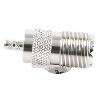 Conector UHF Hembra / SO-239 / Anillo Plegable / Cable RG-58/U y RG-142/U / Níquel y Plata / Delrin