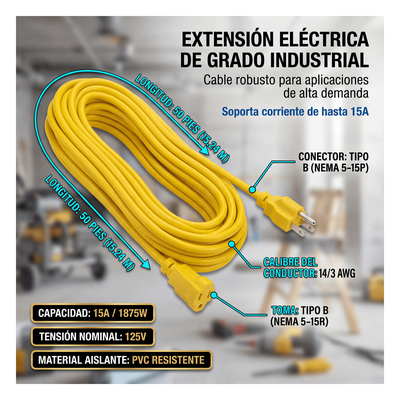 Extensión Eléctrica de Uso Rudo / 15 m (49.2 ft) / 127 VCA / 10 A Máximo / 16 AWG / NEMA 5-15R / Aterrizada
