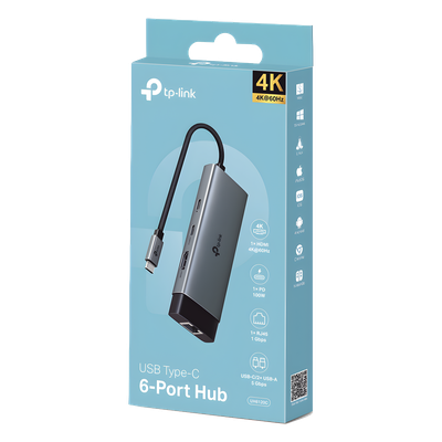 Adaptador HUB / 6 en 1 / USB-C / HDMI 4K@60Hz / Ethernet Gigabit / 100W PD / 4.65 x 1.69 x 0.56 in