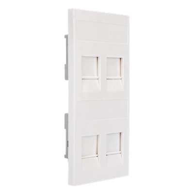 Placa Plana de Voz y Datos con Guardapolvo / 4 Puertos Keystone / Color Blanco / 108 x 52 mm / 5 mm Profundidad / Compatible Cajas Pavimento